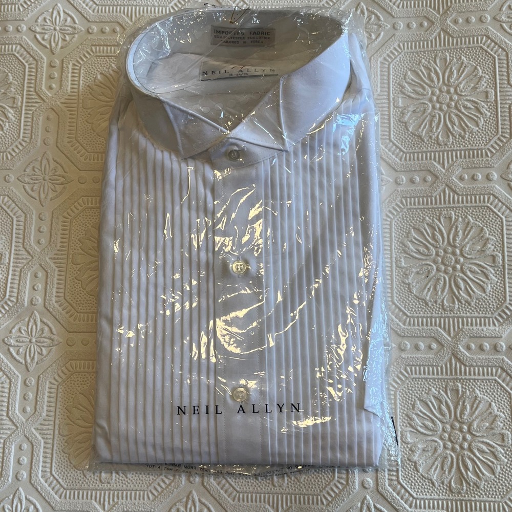 Neil Allyn Mens White Wing Tip Collar Pleated Front Tuxedo Shirt XL 34/35